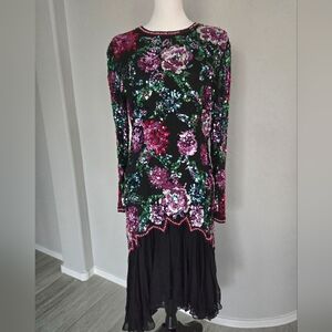 Vtg Floral Sequin Beaded Silk Dropped Waist Evening Gown Dress Black Tie Sz 12